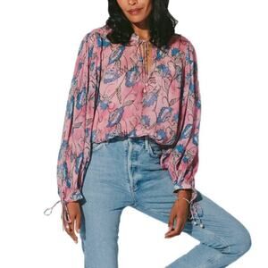 Cleobella Emily Blouse Top Lotus Print Long Sleeves Flowy Pink Blue Size XL